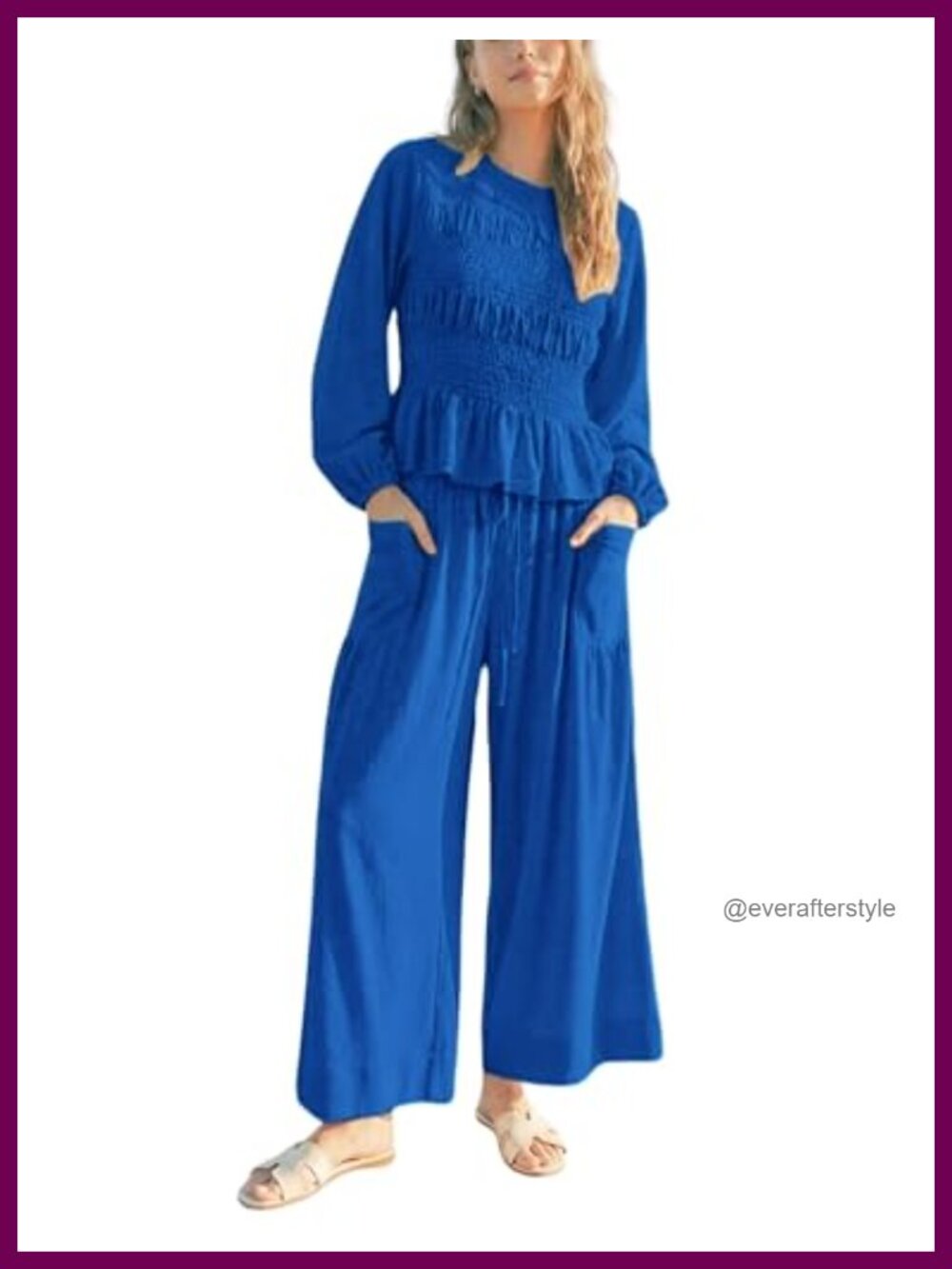 Boho 2-Piece Lounge Set Smocked Top Wide-Leg Pants Casual Fall Outfit